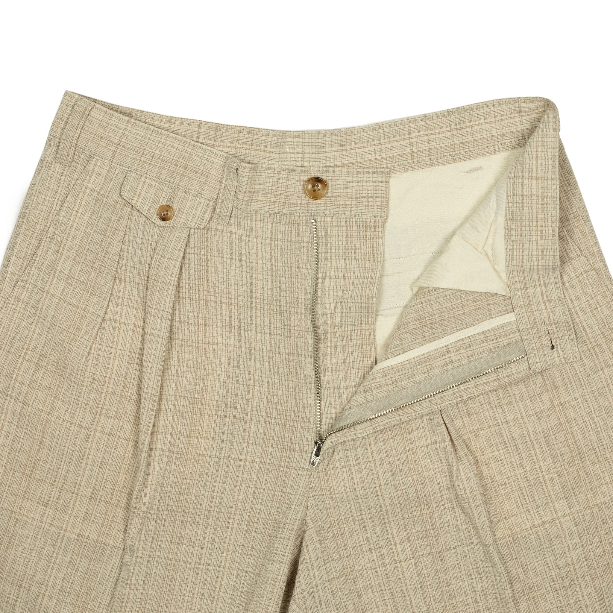 Pleated trousers in natural check cotton wool linen