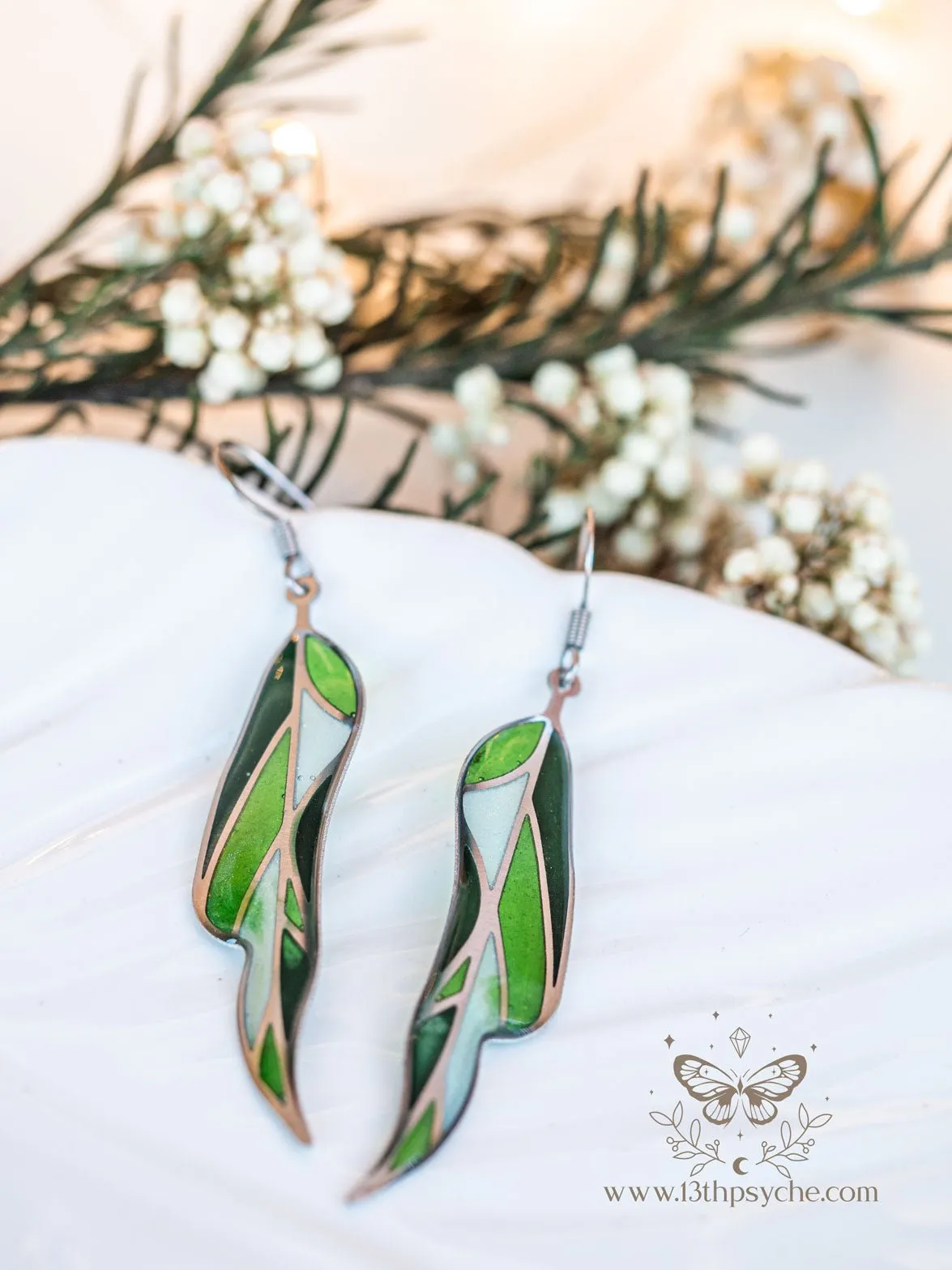 Stained glass inspired leaf earrings, Summer version