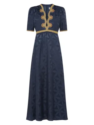 Tabitha Dress in Navy with Ornate Embroidery