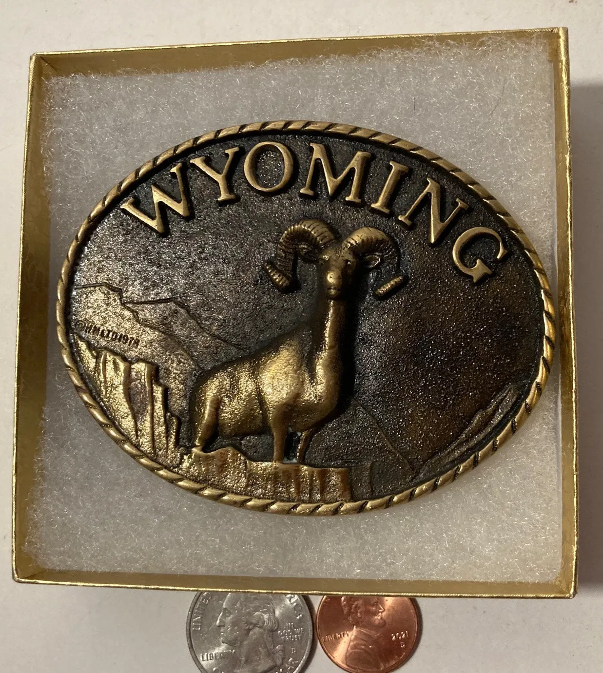 Vintage 1977 Metal Belt Buckle, Brass, Wyoming, Bighorn Sheep, Mountain Ram, Antelope, Nice Design, 3 1/4" x 2 1/2", Heavy Duty, Quality