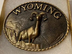 Vintage 1977 Metal Belt Buckle, Brass, Wyoming, Bighorn Sheep, Mountain Ram, Antelope, Nice Design, 3 1/4" x 2 1/2", Heavy Duty, Quality