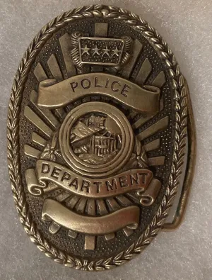 Vintage 1979 Metal Belt Buckle, Brass, Police Department,  2", x 2", Quality, Country and Western, Heavy Duty, Fashion, Belts, Shelf Display