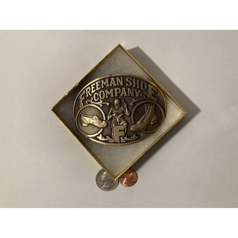 Vintage 1981 Metal Belt Buckle, Brass, Freeman Shoe Company,