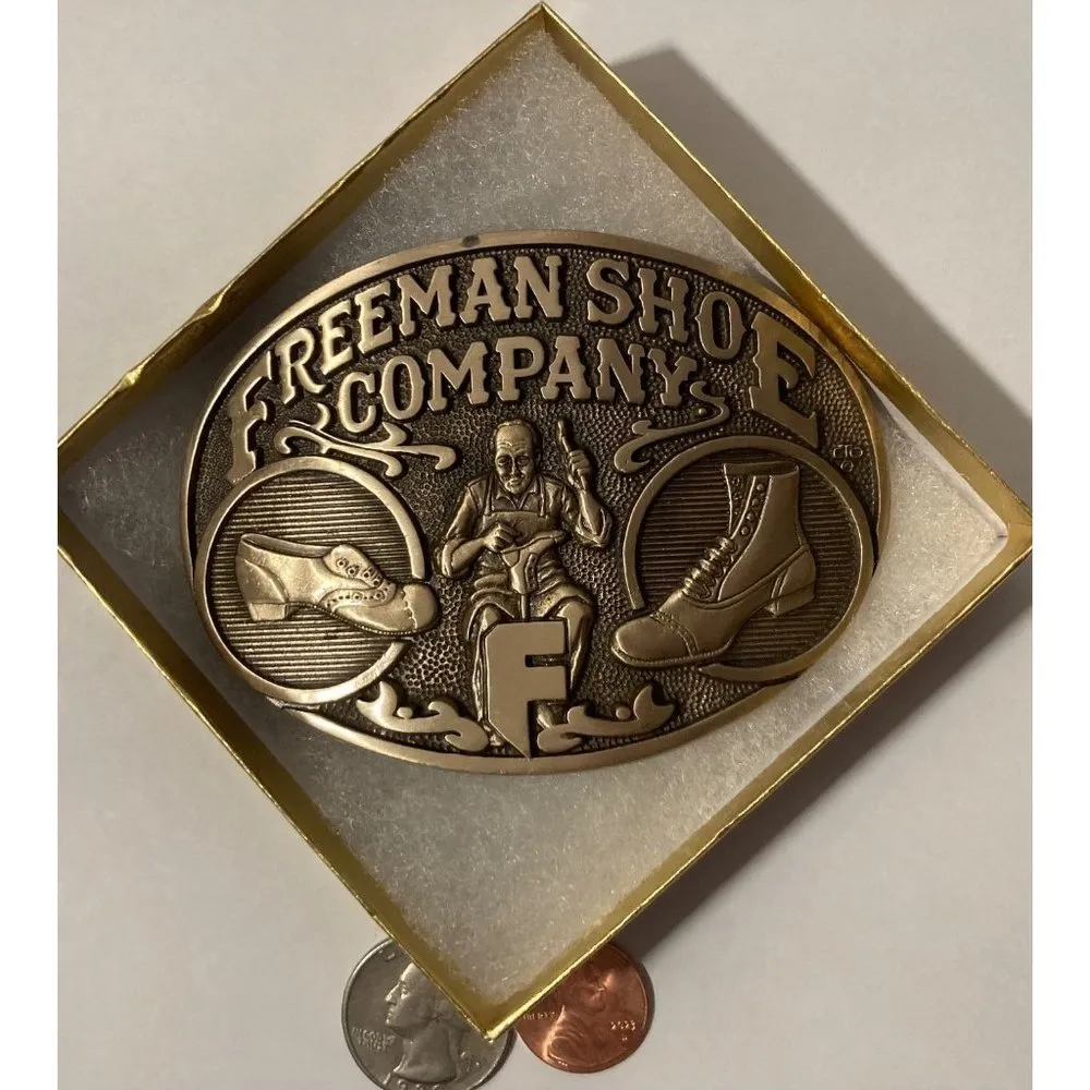 Vintage 1981 Metal Belt Buckle, Brass, Freeman Shoe Company,