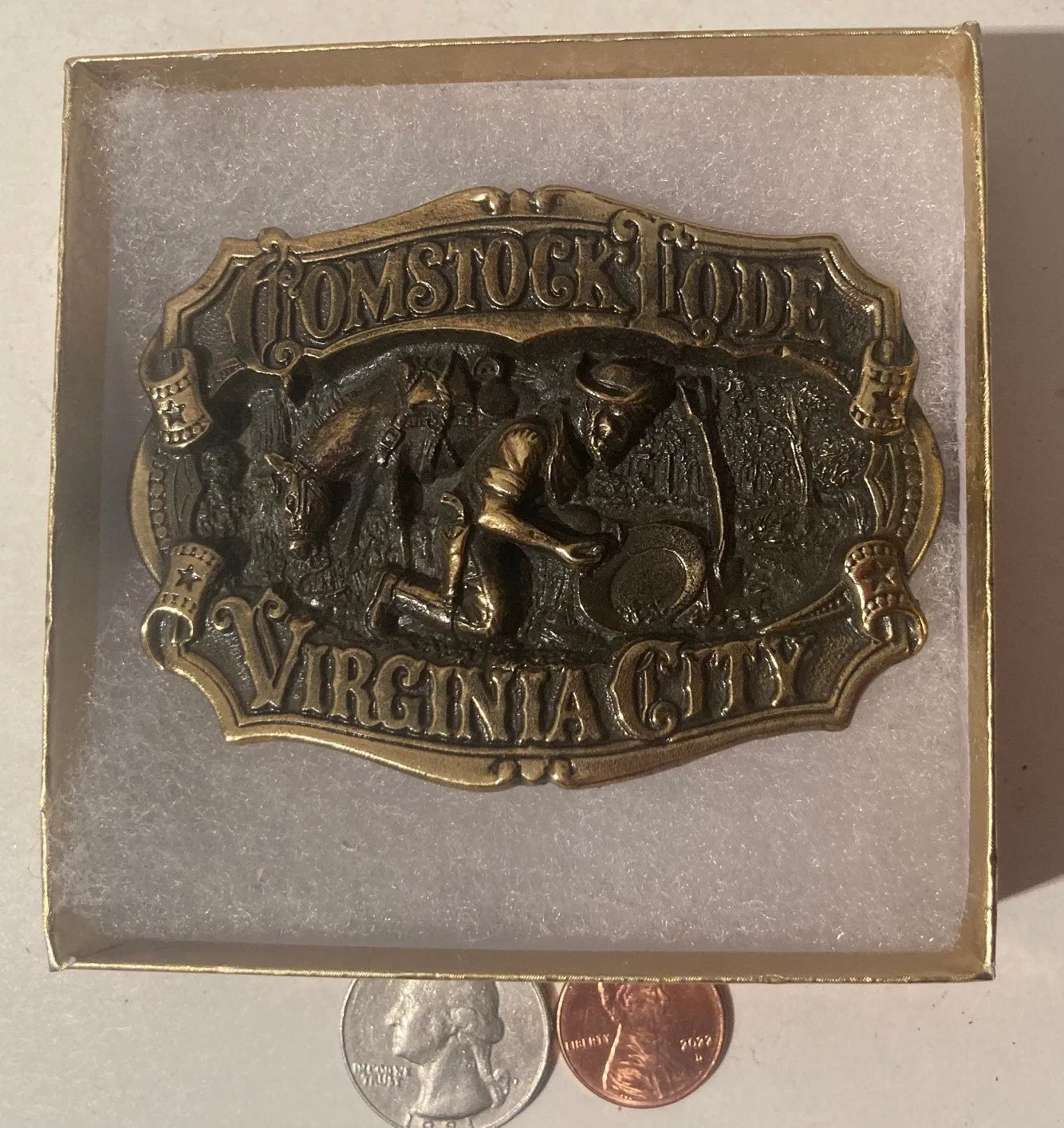 Vintage 1983 Metal Belt Buckle, Solid Brass, Comstock Lode, Virginia City, Gold, Mining, 49er,  Nice Western Style Design