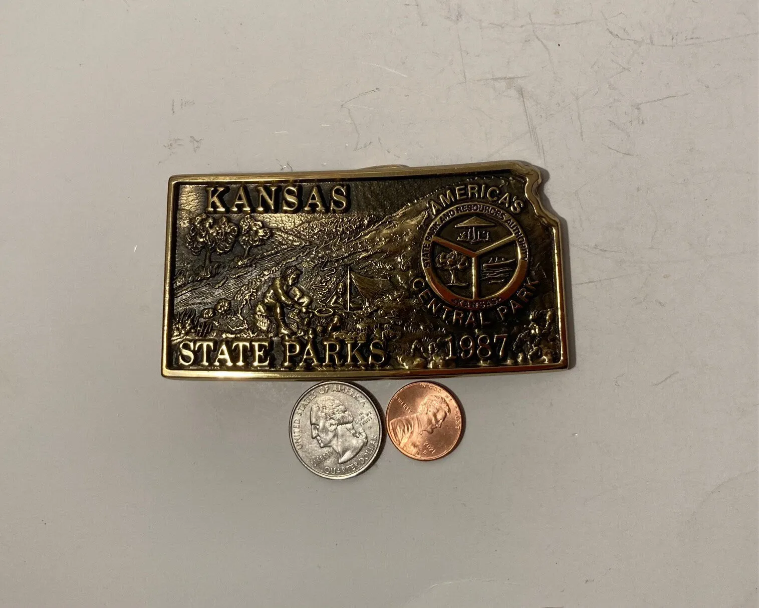 Vintage 1987 Metal Belt Buckle, Brass, Kansas State Parks, America's Central Park, States Park and Resource Authority, Nice Design