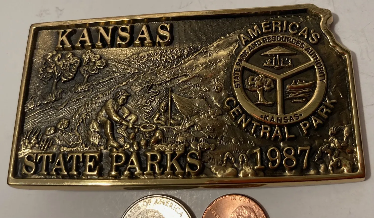 Vintage 1987 Metal Belt Buckle, Brass, Kansas State Parks, America's Central Park, States Park and Resource Authority, Nice Design