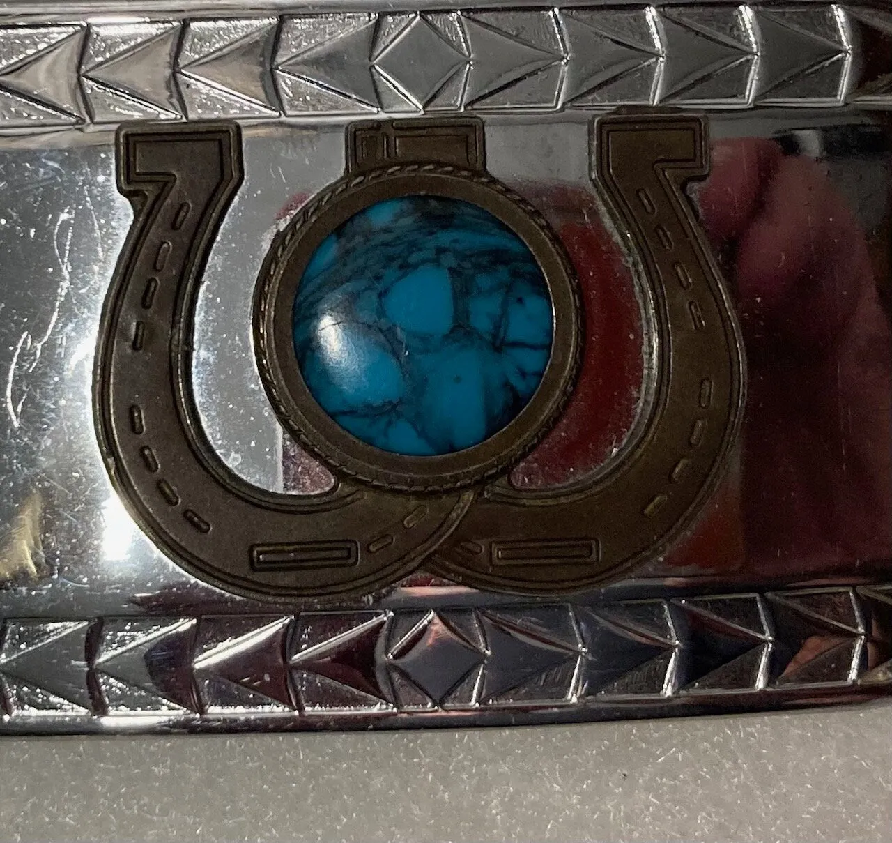 Vintage Metal Belt Buckle, Brass Horseshoes with Nice Blue Turquoise Stone Design, Nice Design, 3" x 2", Heavy Duty, Quality, Thick Metal