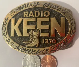 Vintage Metal Belt Buckle, Brass, Keen Radio, 1370am, Music, Country, Made in USA, Heavy Duty, Quality, Thick Metal, For Belts, Fashion