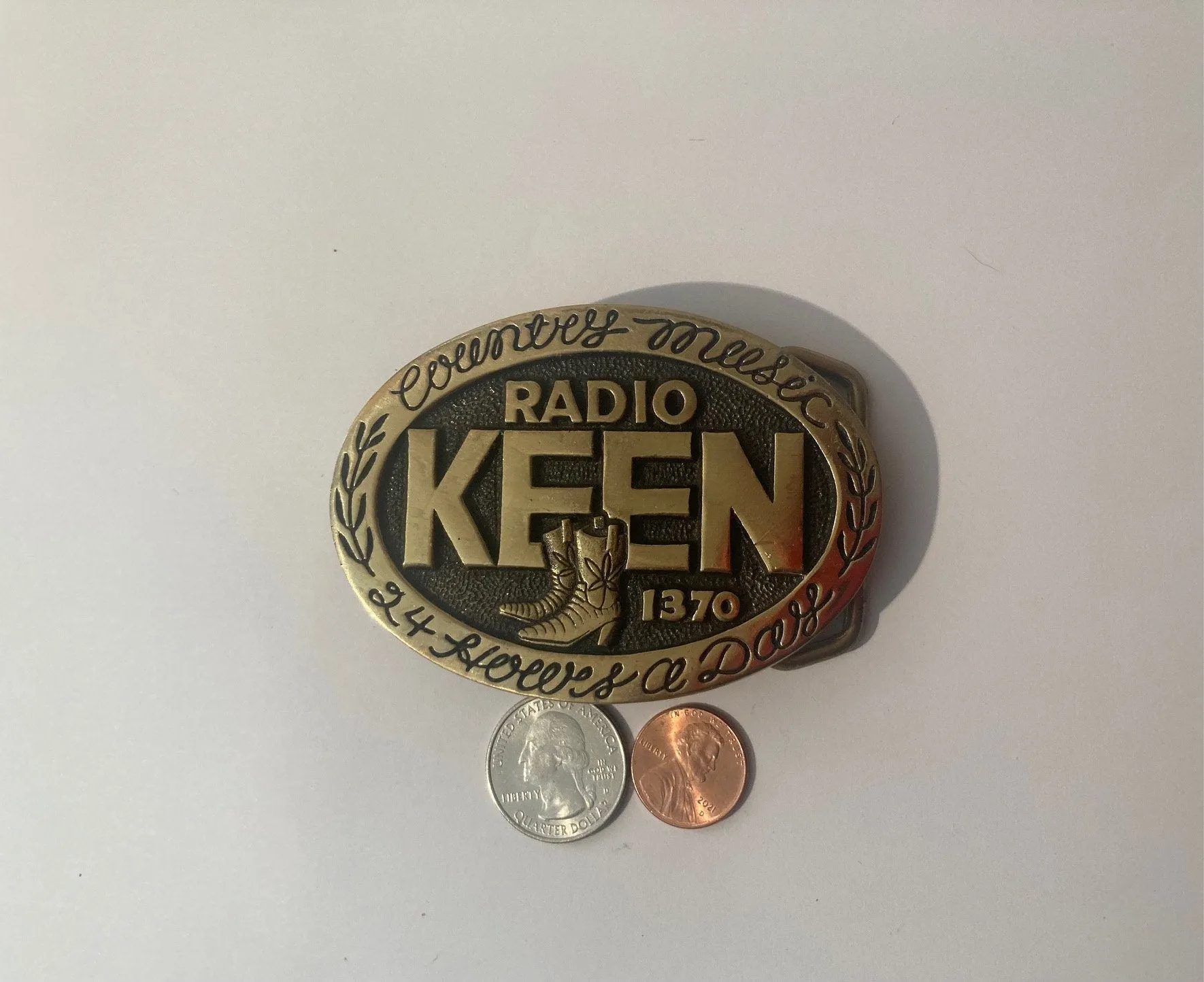 Vintage Metal Belt Buckle, Brass, Keen Radio, 1370am, Music, Country, Made in USA, Heavy Duty, Quality, Thick Metal, For Belts, Fashion