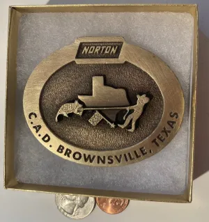 Vintage Metal Belt Buckle, Brass, Norton, C.A.D. Brownsville, Texas, Heavy Duty, Quality, Thick Metal, 3" x 2 1/2", For Belts, Made in USA,