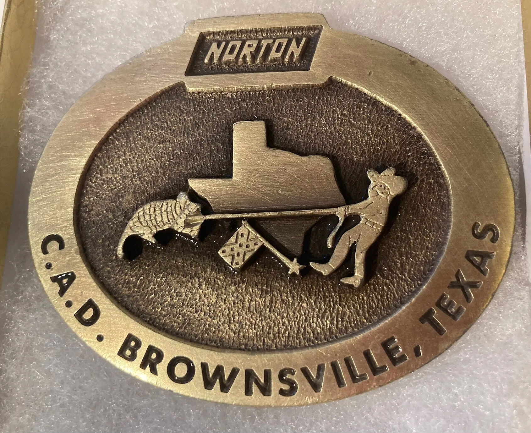 Vintage Metal Belt Buckle, Brass, Norton, C.A.D. Brownsville, Texas, Heavy Duty, Quality, Thick Metal, 3" x 2 1/2", For Belts, Made in USA,