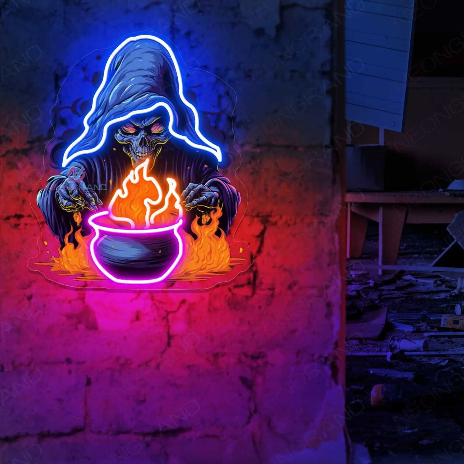 Witch Cauldron Neon Sign – Spooky Cauldron of Fire with Vibrant Glow for Haunting Home and Halloween Decor