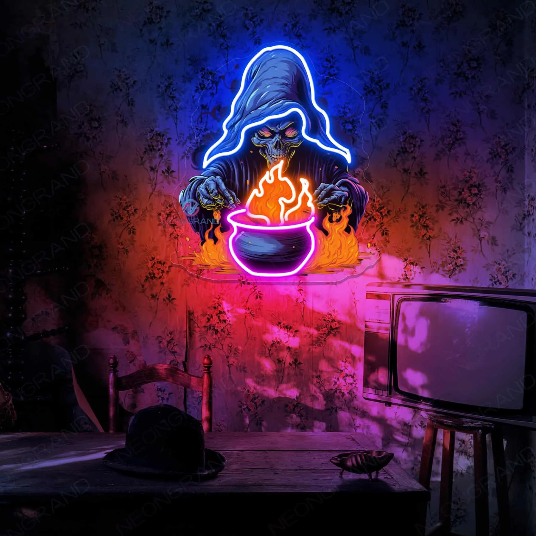 Witch Cauldron Neon Sign – Spooky Cauldron of Fire with Vibrant Glow for Haunting Home and Halloween Decor