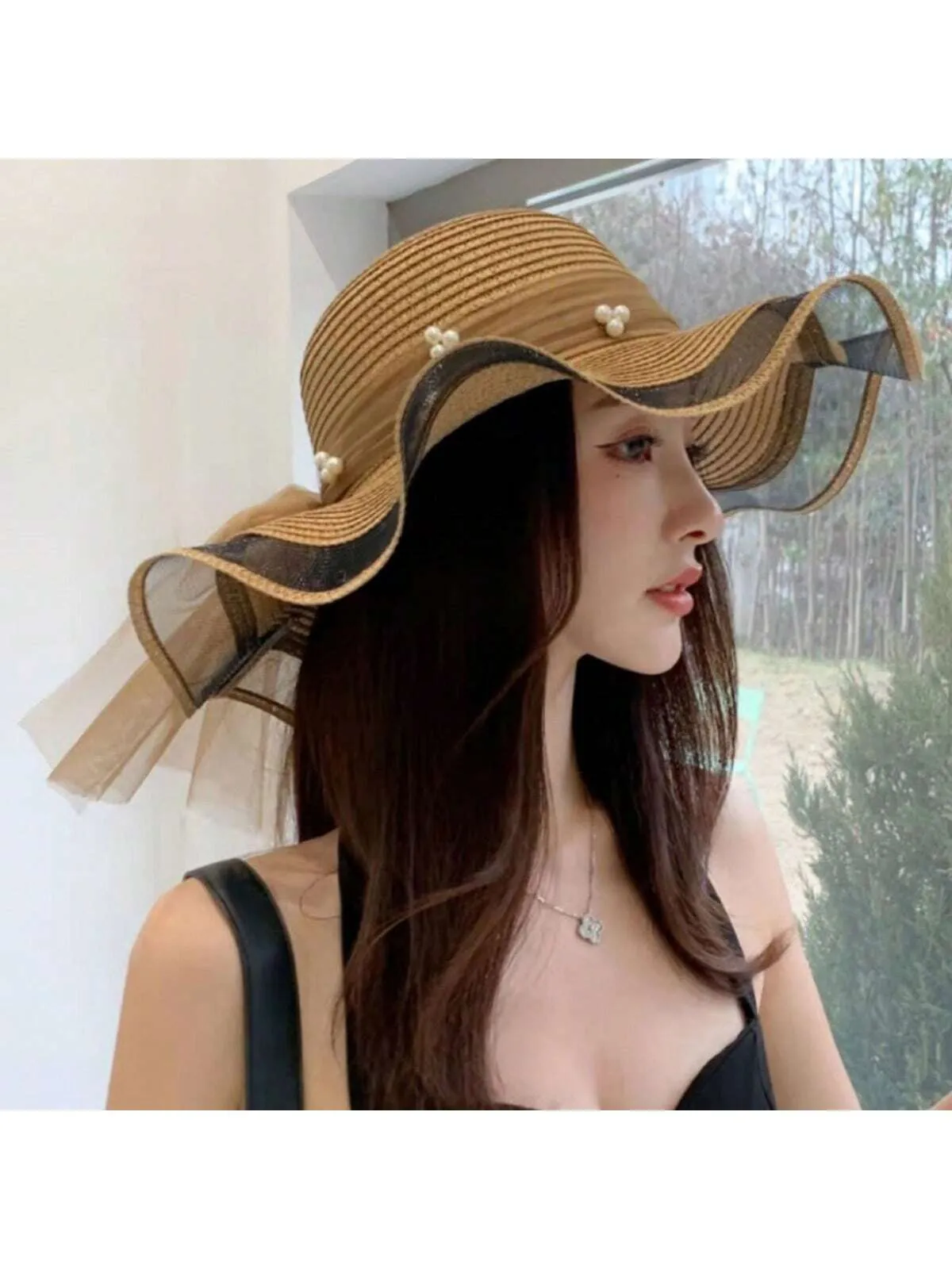 Women's Summer Pearl Embellished Wide-Brimmed Sunhat With Wave Mesh, Ideal For Traveling, Beach, And Sun Protection Bow