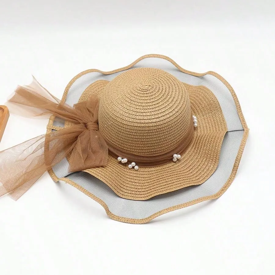 Women's Summer Pearl Embellished Wide-Brimmed Sunhat With Wave Mesh, Ideal For Traveling, Beach, And Sun Protection Bow