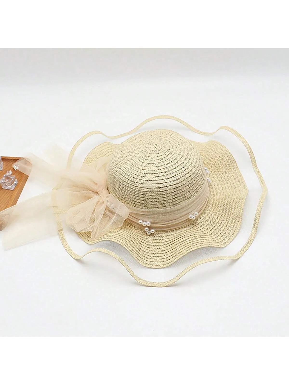 Women's Summer Pearl Embellished Wide-Brimmed Sunhat With Wave Mesh, Ideal For Traveling, Beach, And Sun Protection Bow