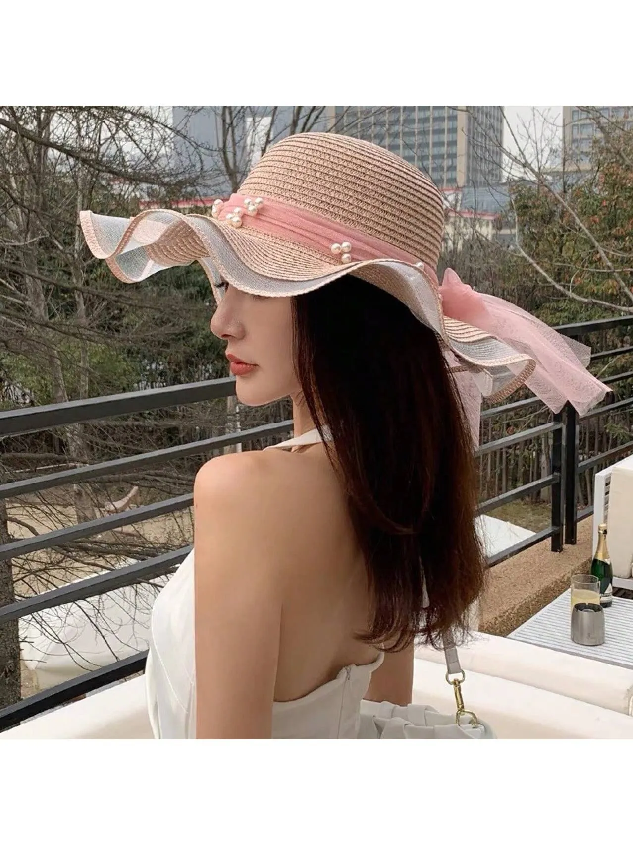 Women's Summer Pearl Embellished Wide-Brimmed Sunhat With Wave Mesh, Ideal For Traveling, Beach, And Sun Protection Bow