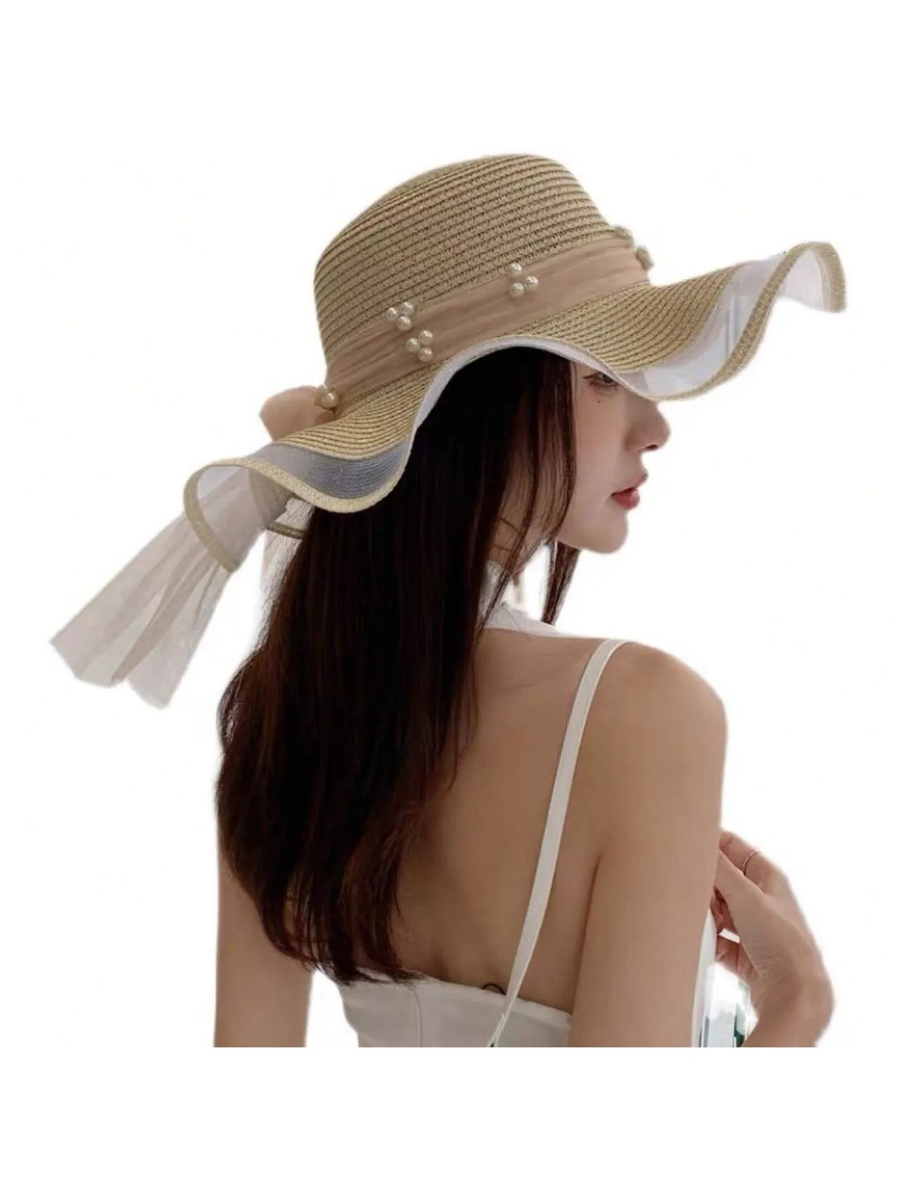 Women's Summer Pearl Embellished Wide-Brimmed Sunhat With Wave Mesh, Ideal For Traveling, Beach, And Sun Protection Bow