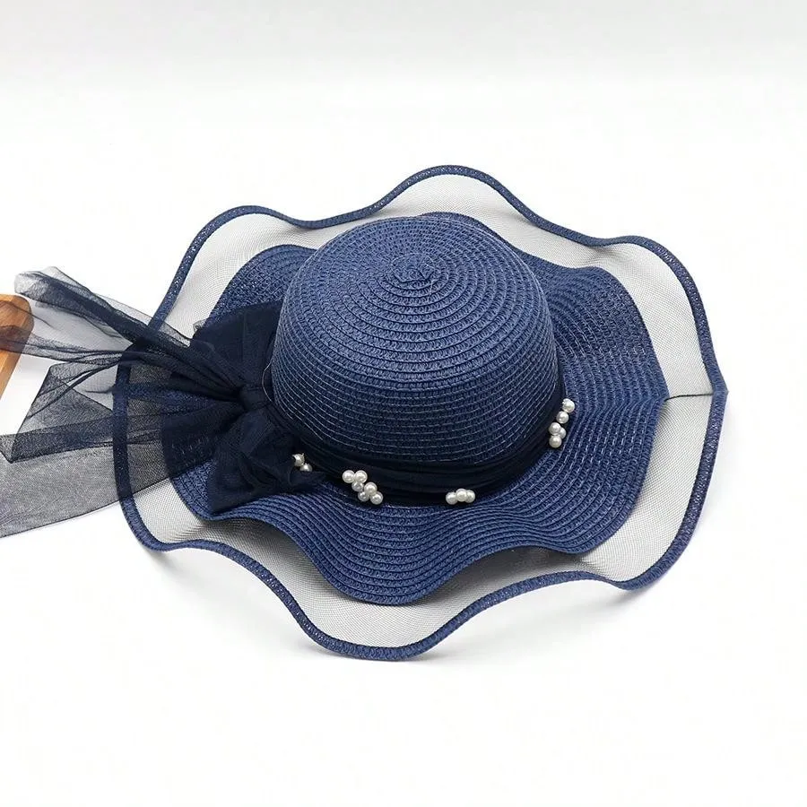 Women's Summer Pearl Embellished Wide-Brimmed Sunhat With Wave Mesh, Ideal For Traveling, Beach, And Sun Protection Bow