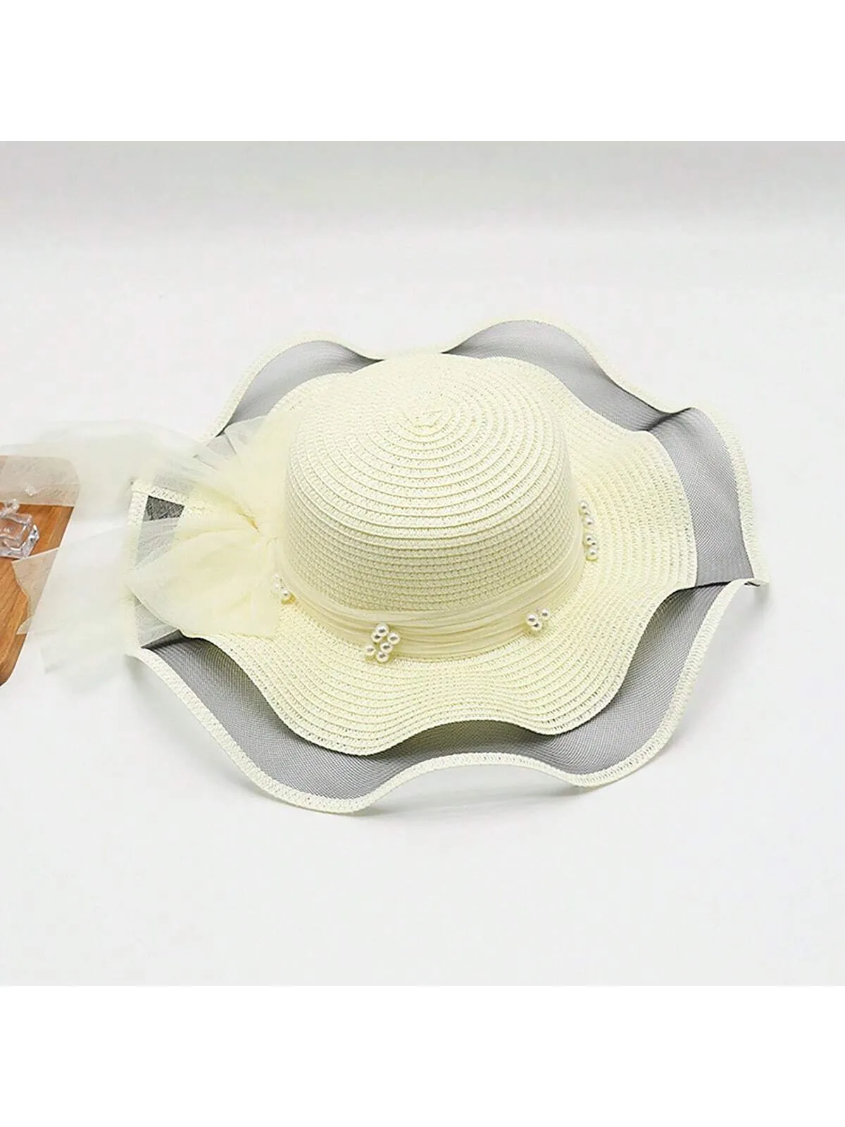 Women's Summer Pearl Embellished Wide-Brimmed Sunhat With Wave Mesh, Ideal For Traveling, Beach, And Sun Protection Bow