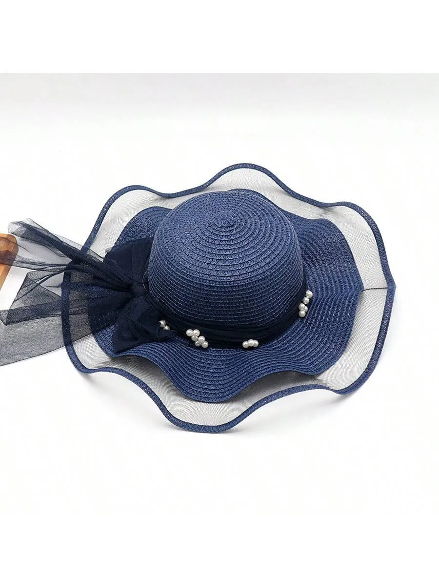 Women's Summer Pearl Embellished Wide-Brimmed Sunhat With Wave Mesh, Ideal For Traveling, Beach, And Sun Protection Bow