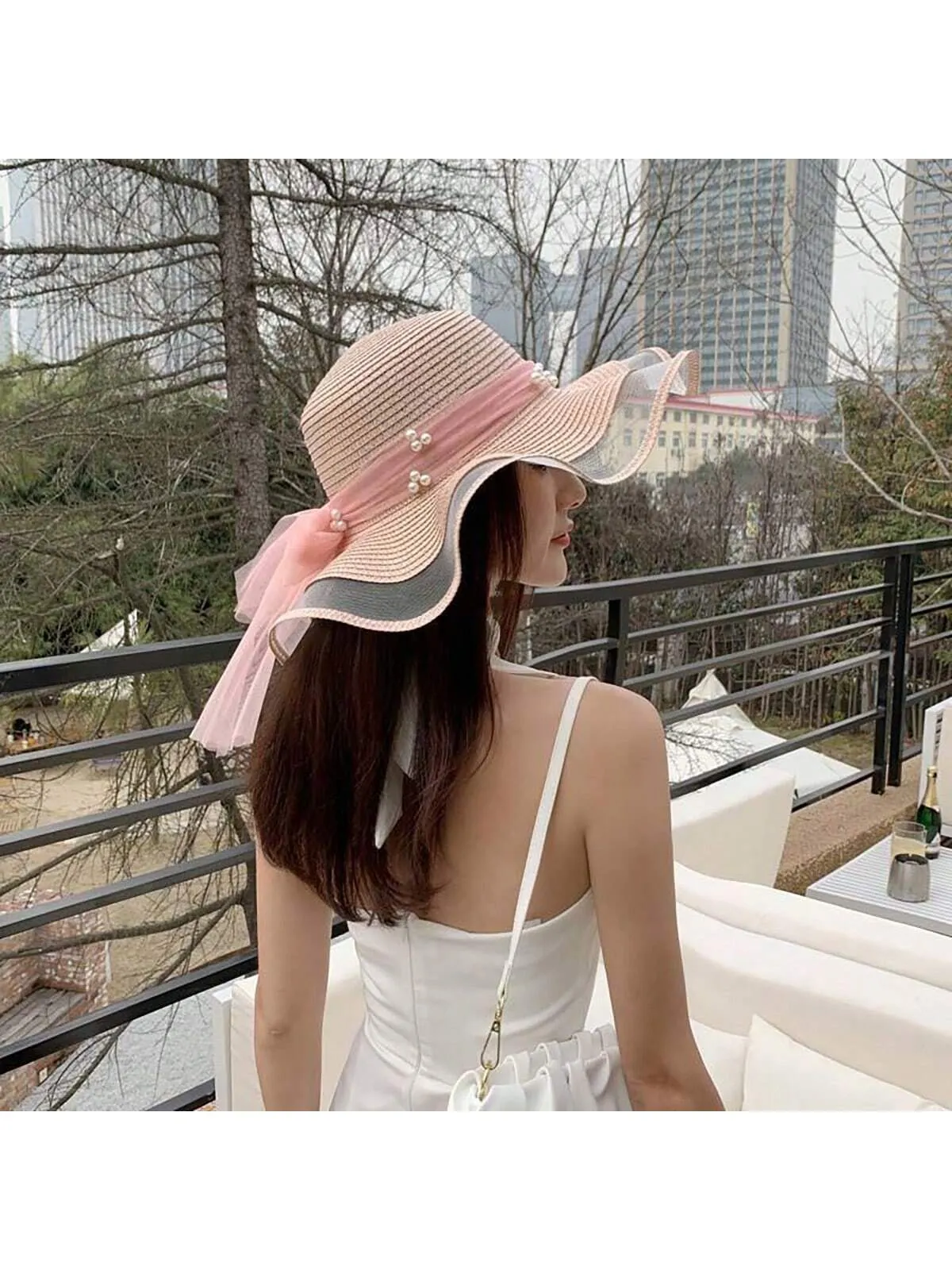 Women's Summer Pearl Embellished Wide-Brimmed Sunhat With Wave Mesh, Ideal For Traveling, Beach, And Sun Protection Bow