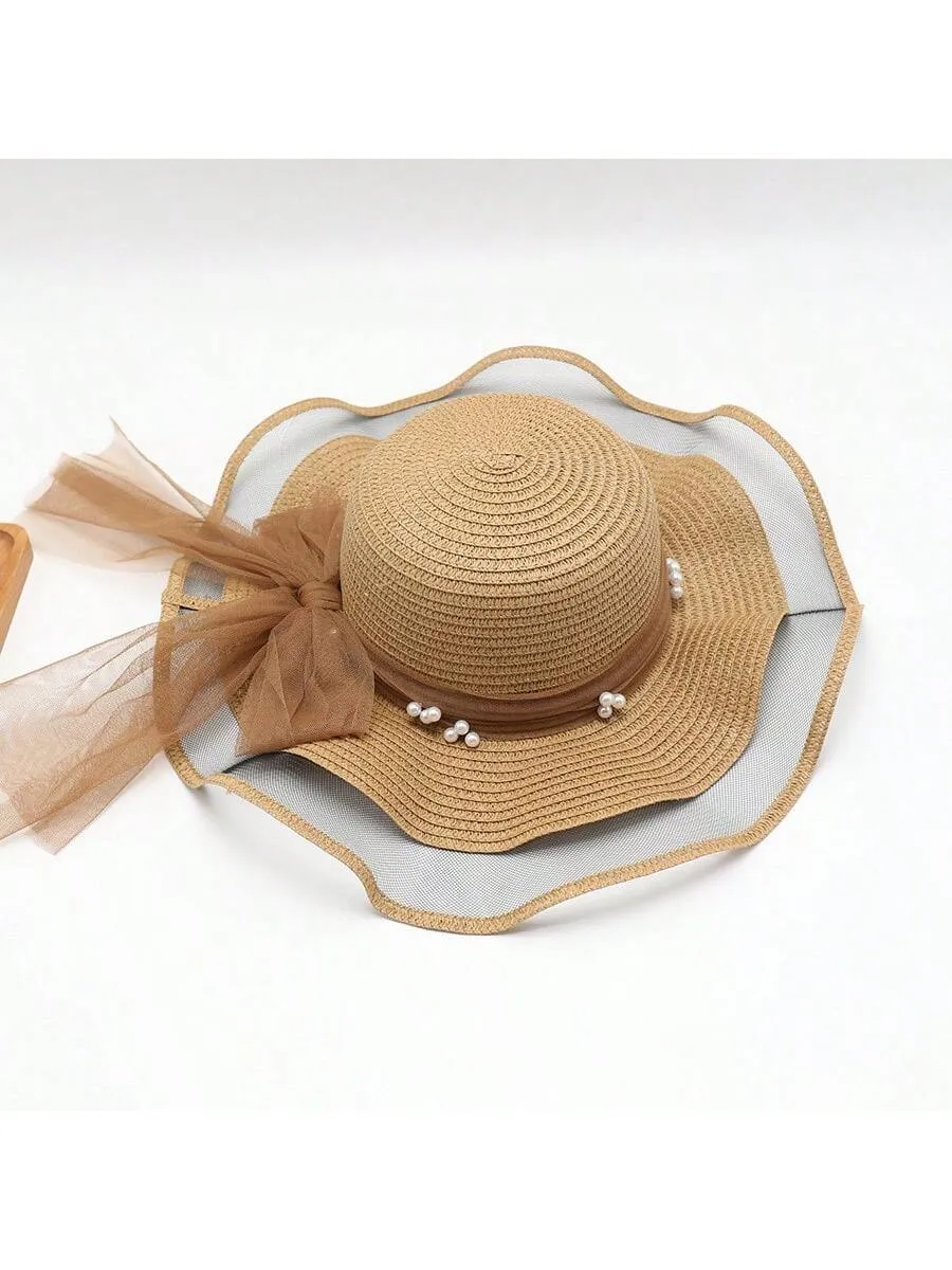 Women's Summer Pearl Embellished Wide-Brimmed Sunhat With Wave Mesh, Ideal For Traveling, Beach, And Sun Protection Bow