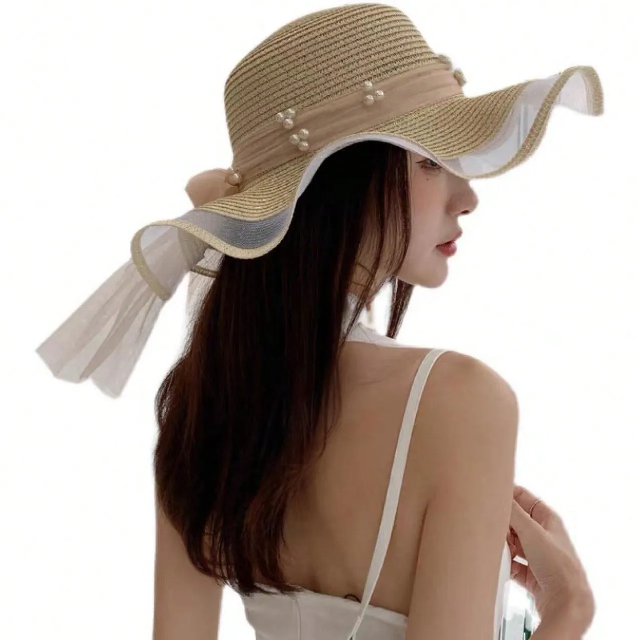 Women's Summer Pearl Embellished Wide-Brimmed Sunhat With Wave Mesh, Ideal For Traveling, Beach, And Sun Protection Bow