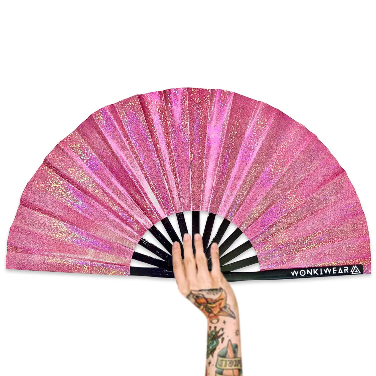 XL Foldable Hand Fan - Galaxy Range, Orion Holographic Metallic Pink