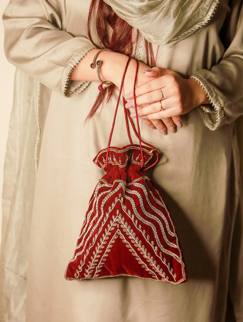 Zardozi and Resham Embroidered Evening Potli Bag - Maroon Ornate